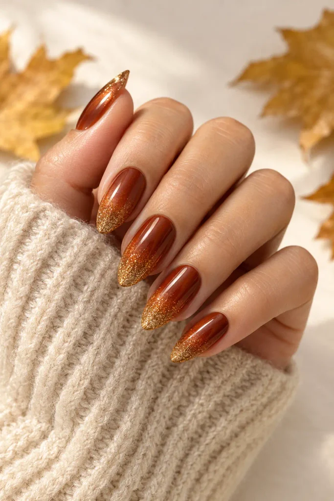 Burnt copper nails fading into delicate golden glitter