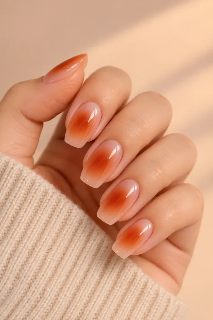 Burnt orange aura gradient fading across milky pink nails
