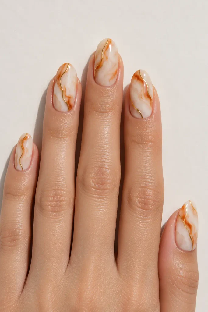 Cream marble nails featuring burnt orange swirls and gold