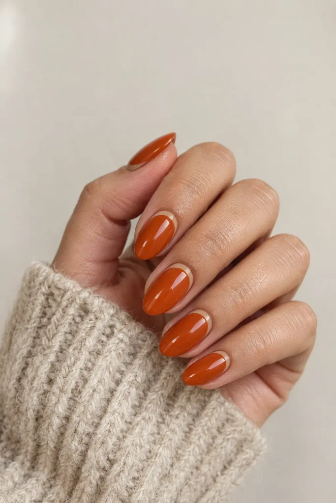 Burnt orange glossy almond nails with a warm autumn-inspired manicure.