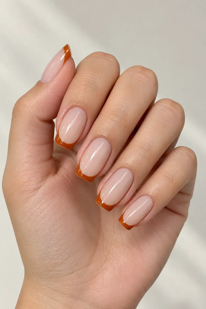 Burnt orange French tips over sheer nude almond nails