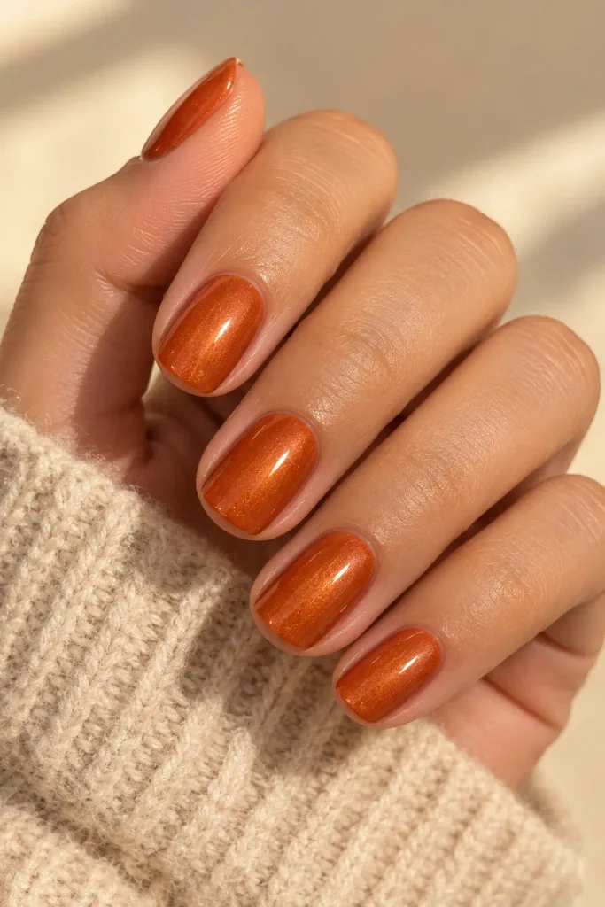 Short burnt orange glazed gel nails with pearly shine