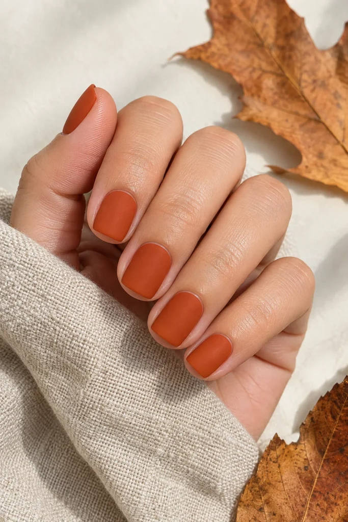 Burnt orange matte nails on short square tips