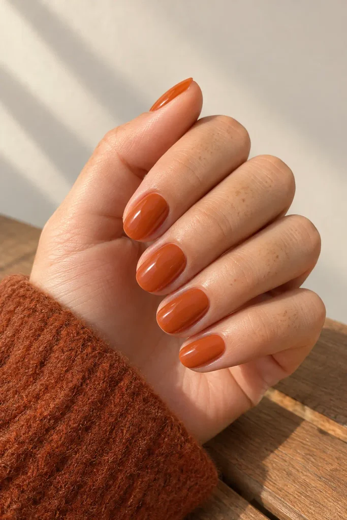 Burnt orange pumpkin spice dip nails with creamy finish