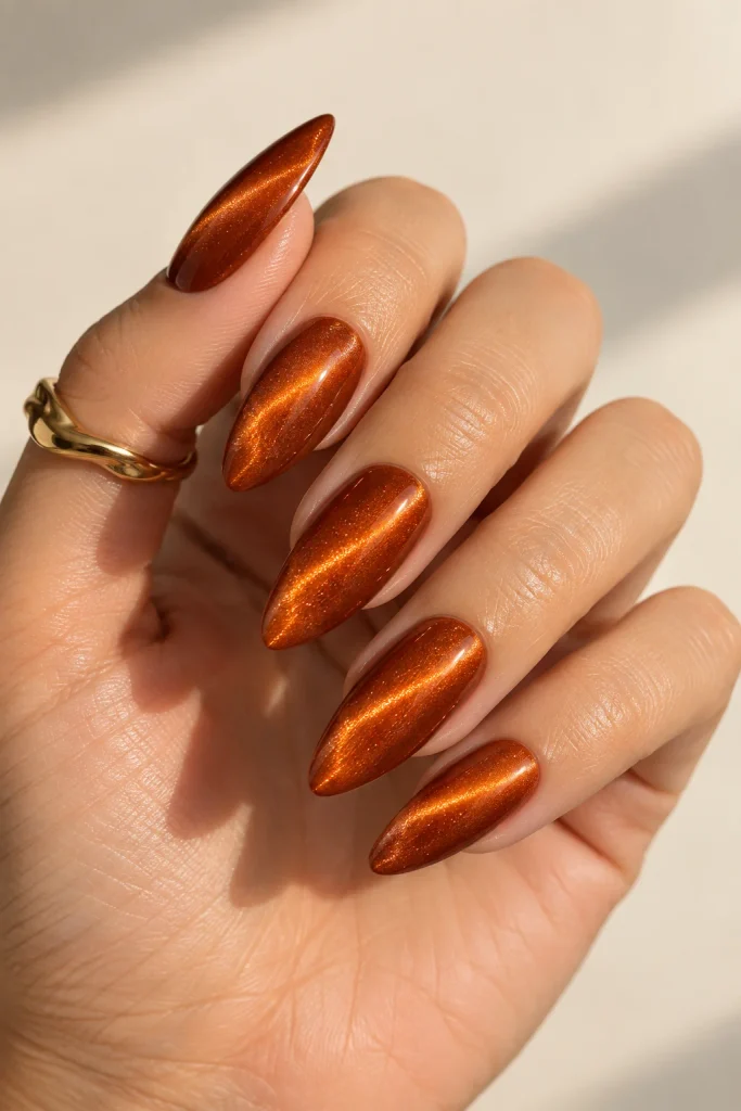 Burnt orange velvet almond nails with cat eye shine