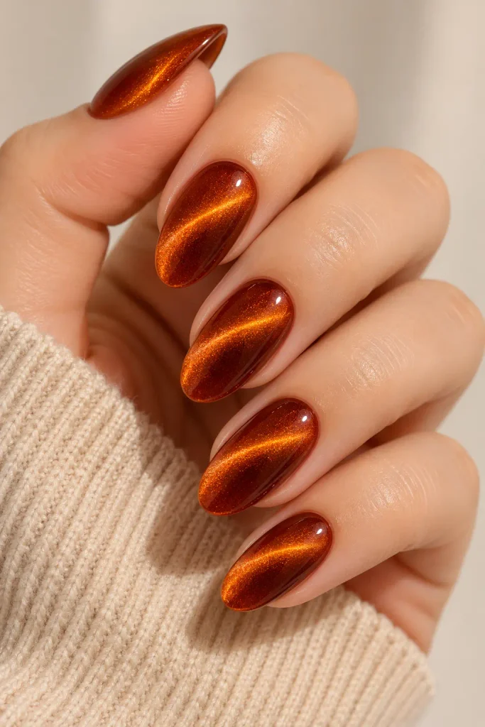 Burnt orange cat eye nails with glowing magnetic shimmer
