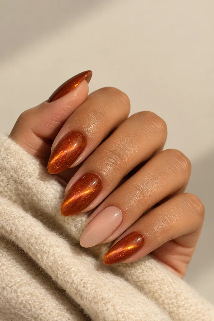 Burnt orange velvet cat eye nails with magnetic shimmer