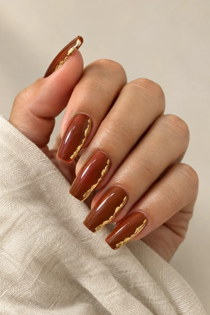 Burnt sienna coffin nails featuring delicate gold foil edges