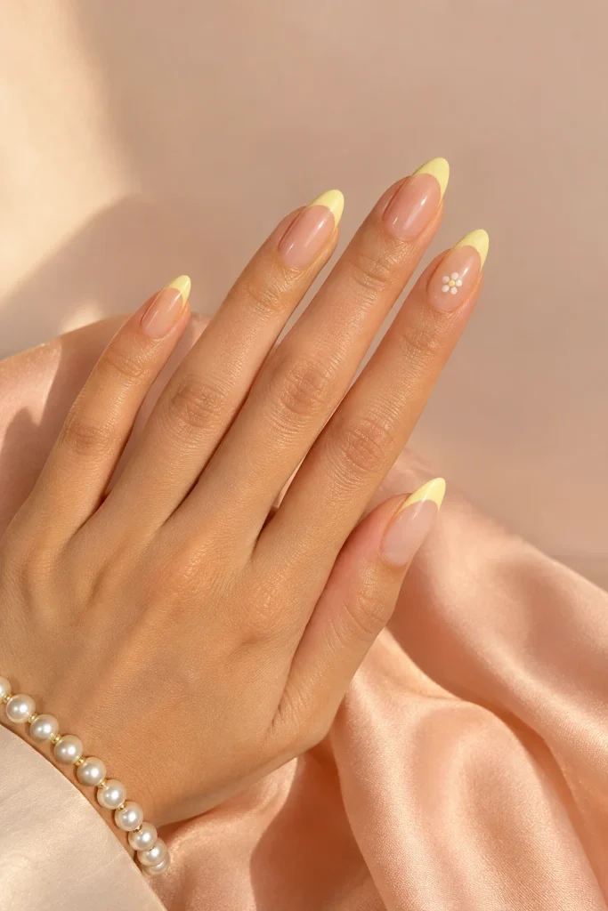Butter yellow French tip nails with one daisy accent