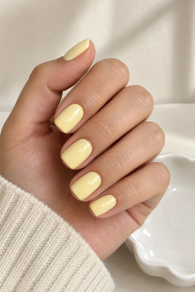 Short butter yellow nails with glossy milky finish