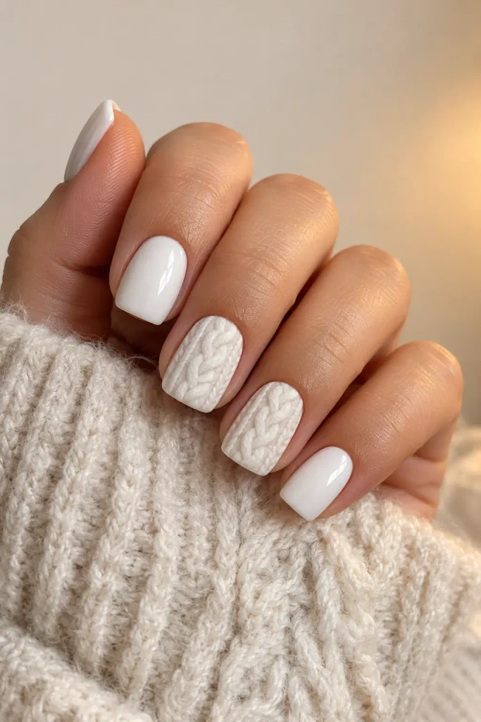 Creamy white nails featuring raised cable knit sweater patterns