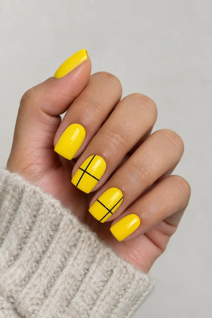 Short square canary yellow acrylic nails decorated with fine black geometric lines.