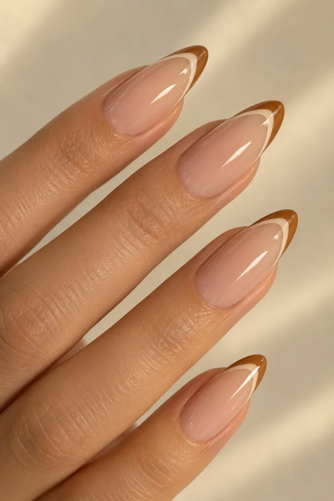 Long almond nails with double caramel and cream French tip lines.
