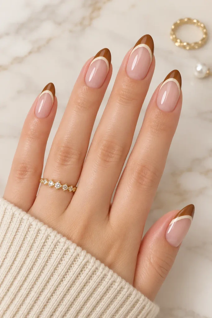 Milky nude nails featuring delicate caramel double French tips