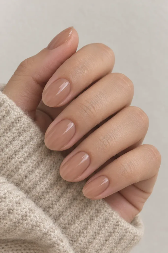 Sheer caramel nude dip nails on short rounded fingertips