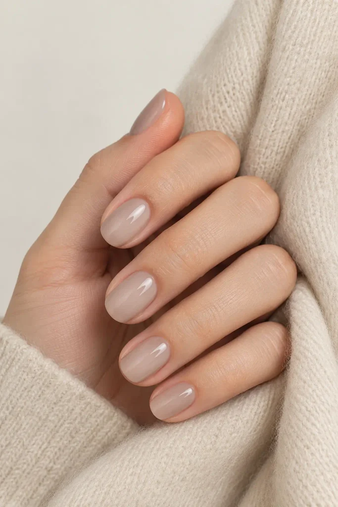 Short square nails featuring soft milky taupe glossy polish