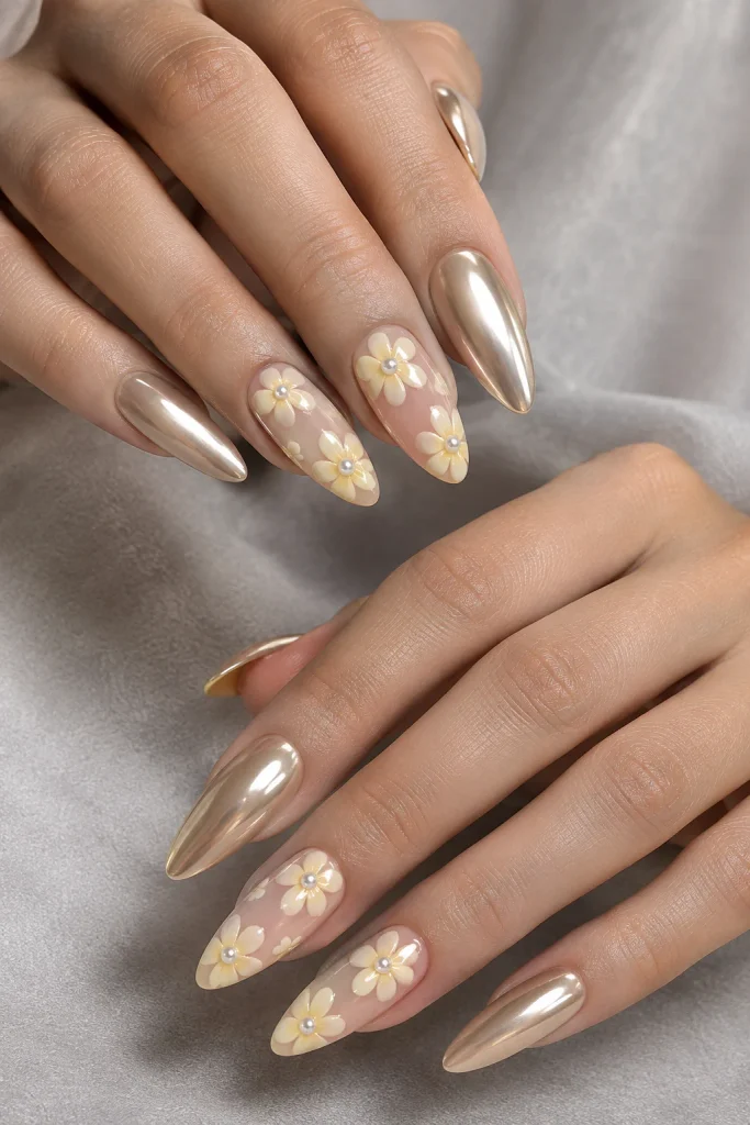 Champagne chrome nails with yellow daisies and pearl centers