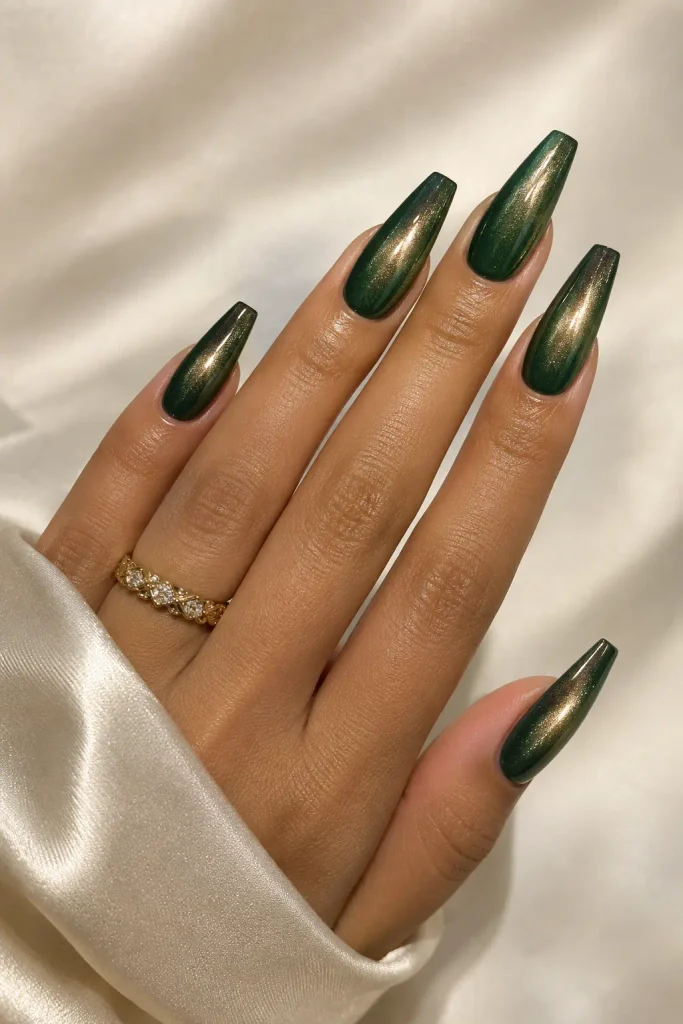 Champagne chrome shimmer over deep forest green nails