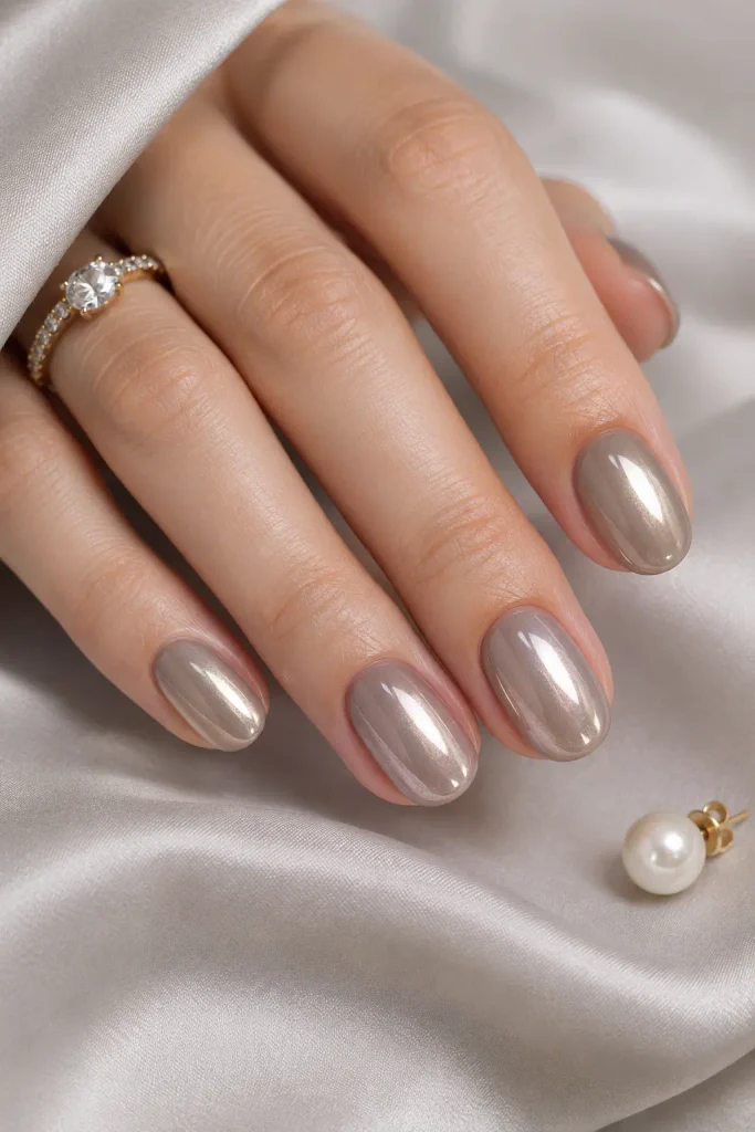 Short taupe gel nails with champagne chrome finish