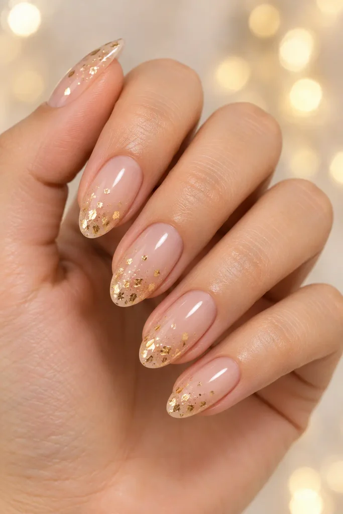 Sheer beige nails decorated with delicate champagne gold flakes