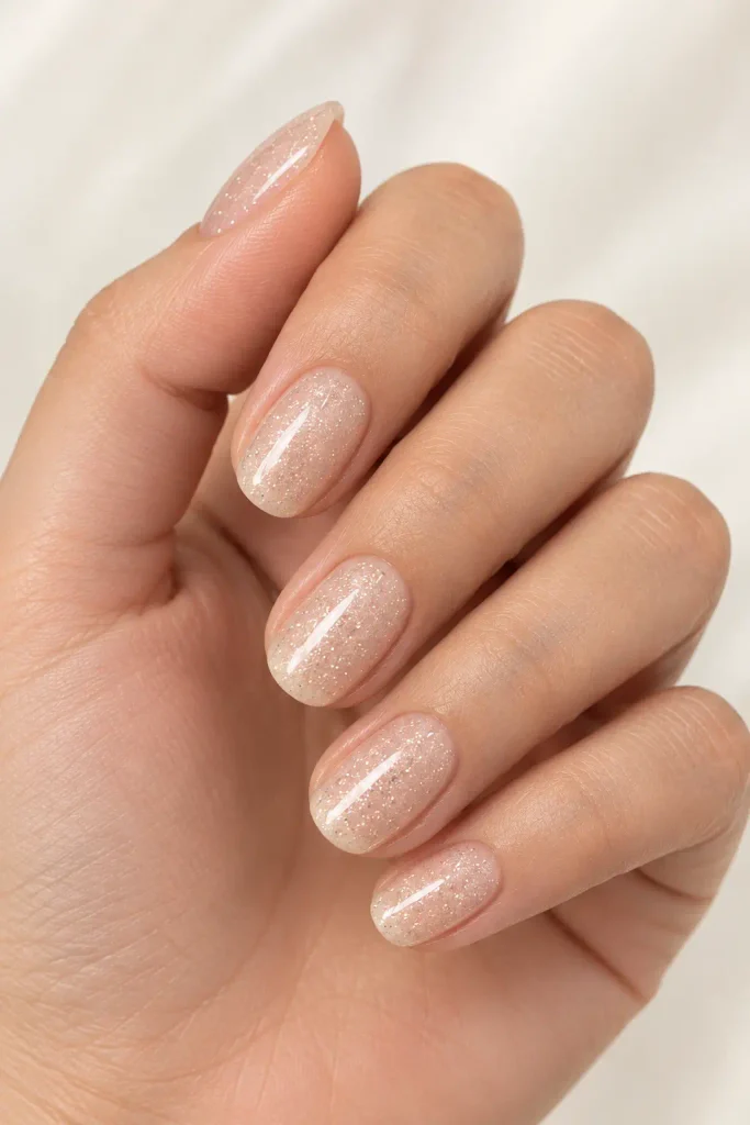 Milky champagne nails enhanced with delicate micro glitter