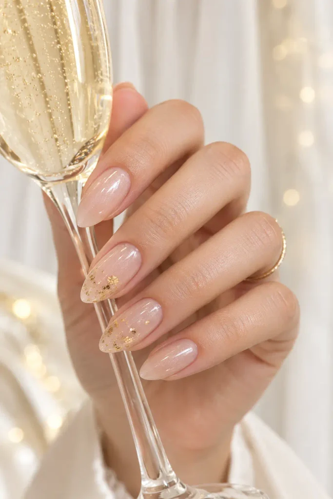 Medium almond nails featuring champagne nude polish and delicate gold leaf