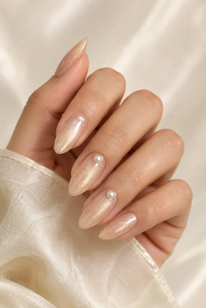 Champagne nude almond nails with delicate pearl details
