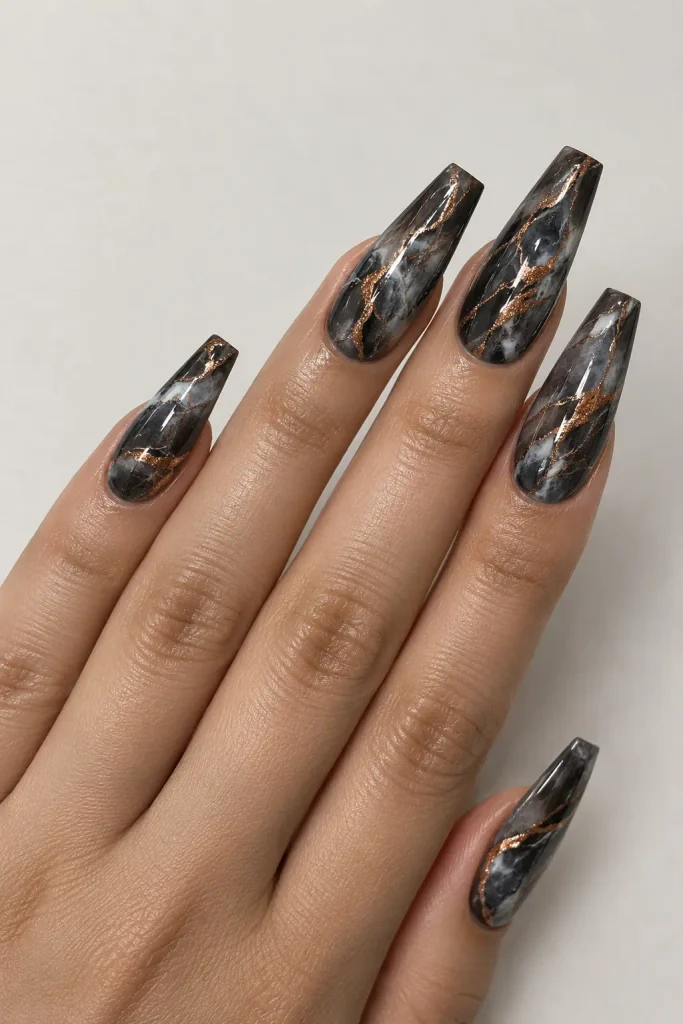 Charcoal coffin nails featuring smoky marble and copper swirls