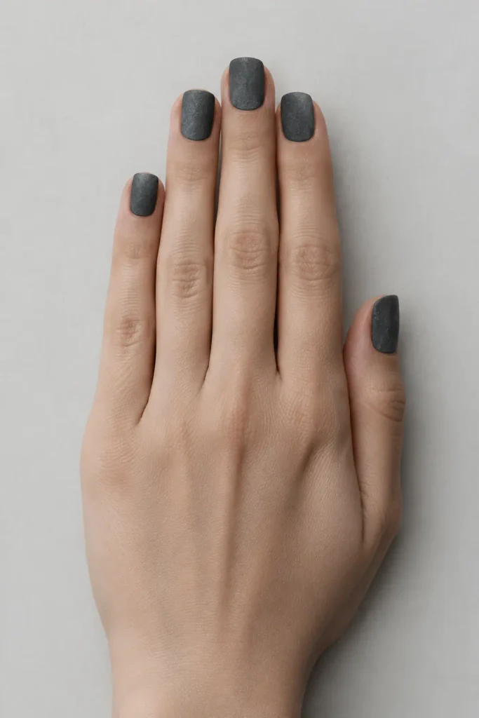 Charcoal gray short square nails with a sophisticated smoky satin finish.