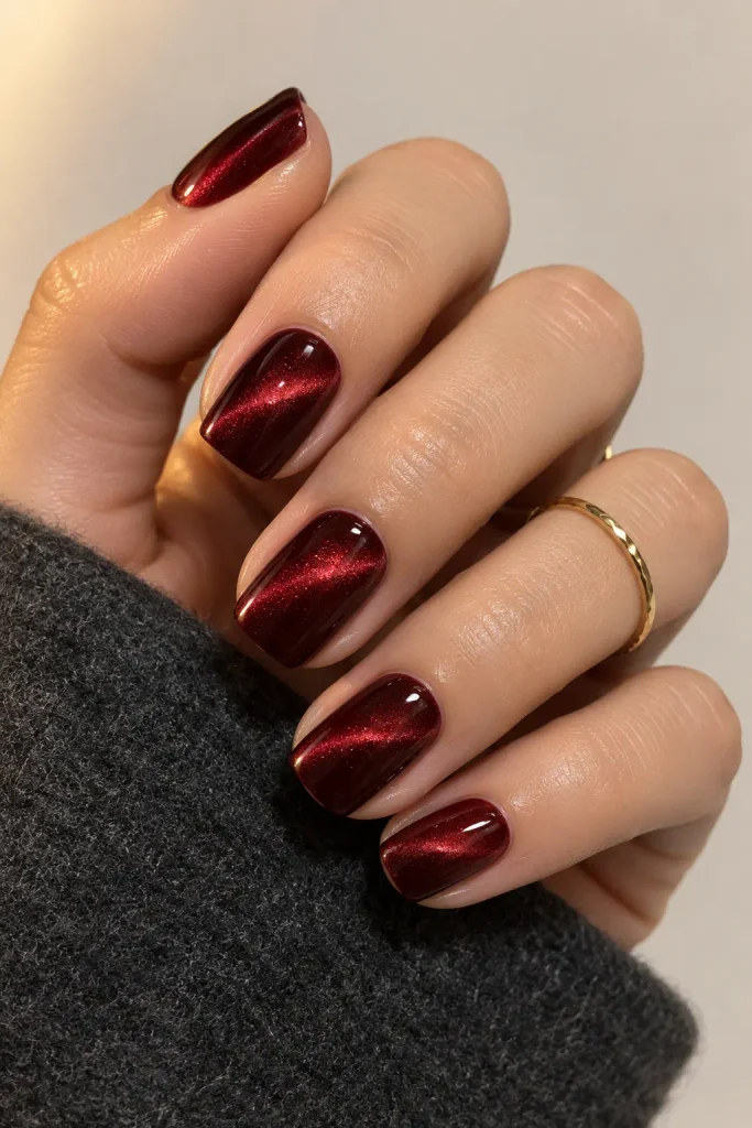 Cherry cat-eye nails with magnetic velvet shimmer and shine