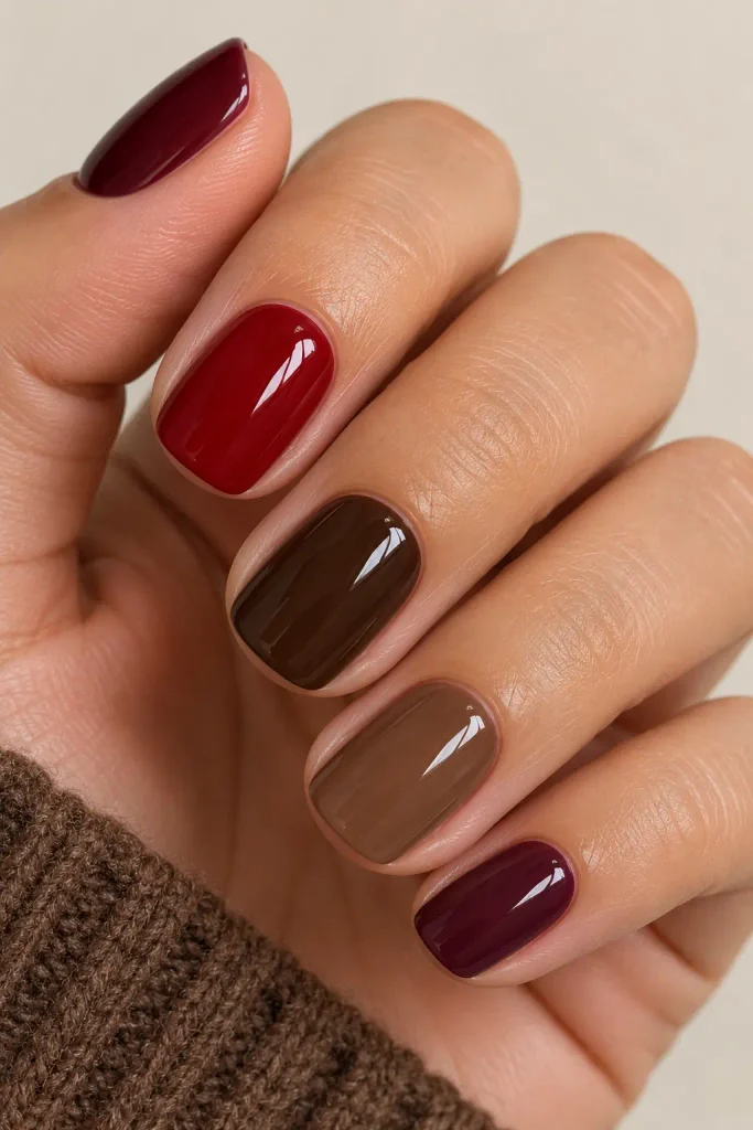 Cherry red and chocolate brown nails in coordinated shades