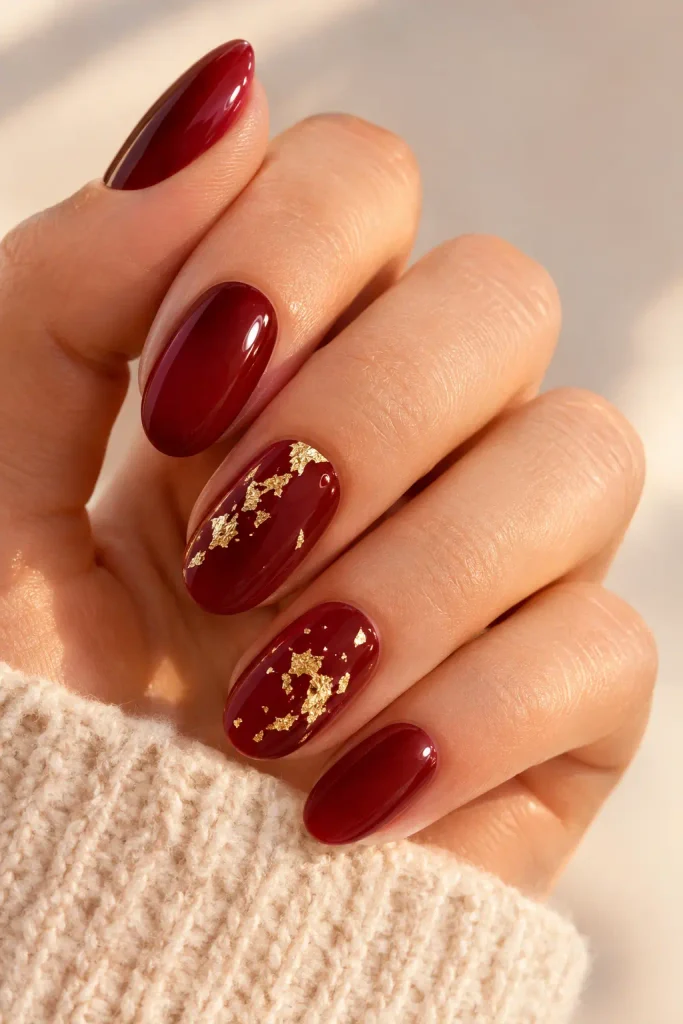 Deep cherry nails decorated with delicate gold foil flecks