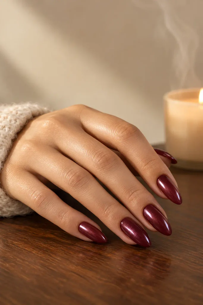 Cherry wine almond nails featuring a soft glazed finish