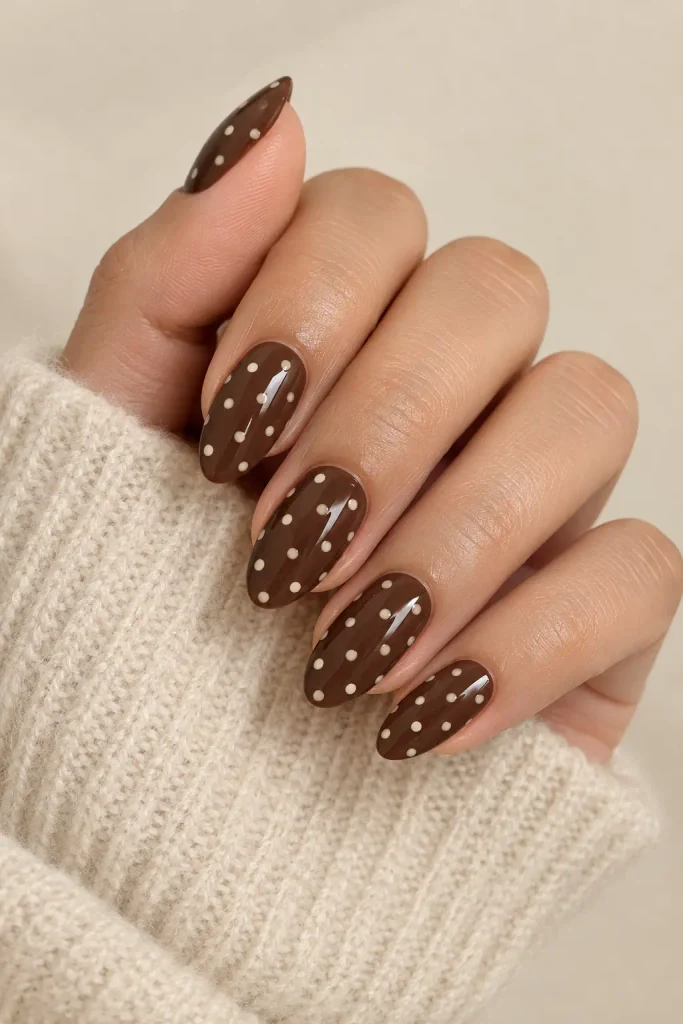 Chocolate brown nails featuring evenly spaced cream polka dots