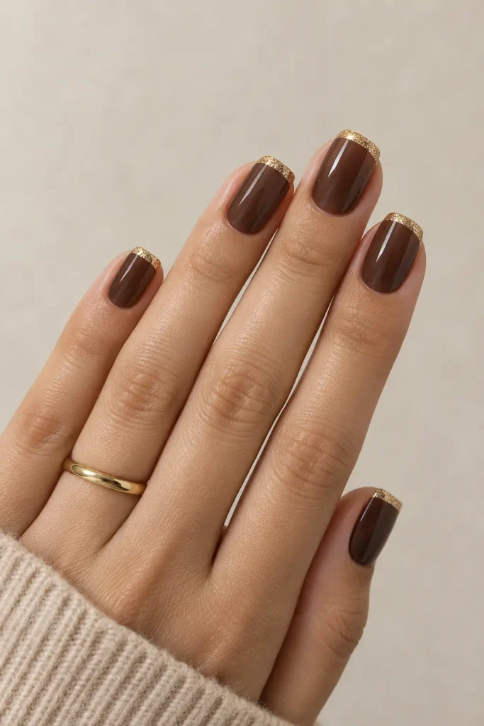 Chocolate brown French tips finished with subtle golden sparkle