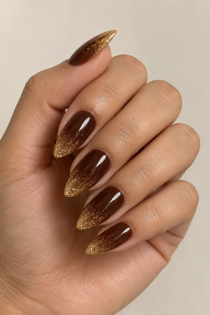 Chocolate brown nails with fading gold glitter accents