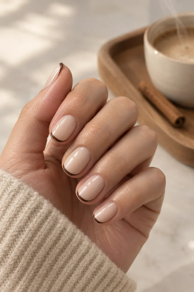 Short rounded nails with thin chocolate brown French tips and beige base.