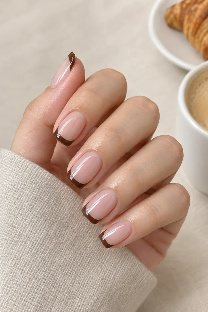 Chocolate brown French tips with glossy nude nail bases