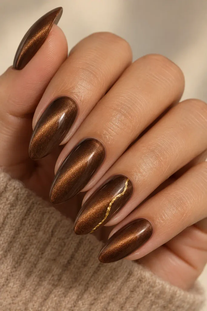 Chocolate velvet nails with fine gold leaf vein accents