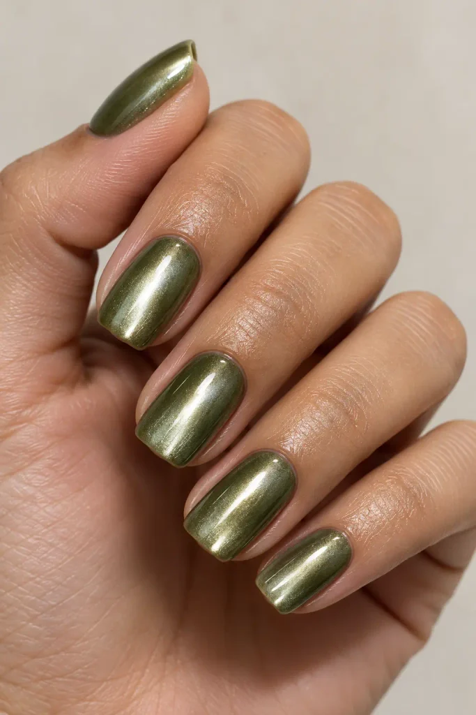 Chrome glazed olive green nails with soft metallic reflections