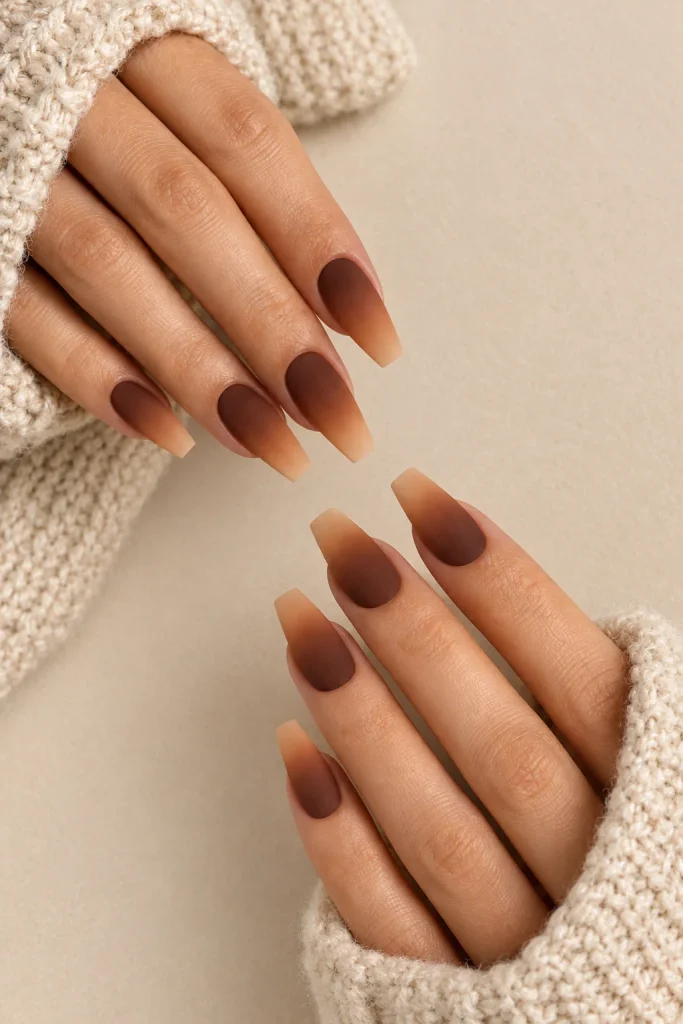 Cinnamon to caramel matte ombré nails for fall