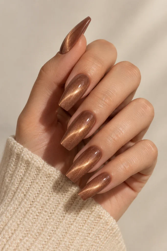 Cinnamon nude velvet cat-eye polish on almond nails