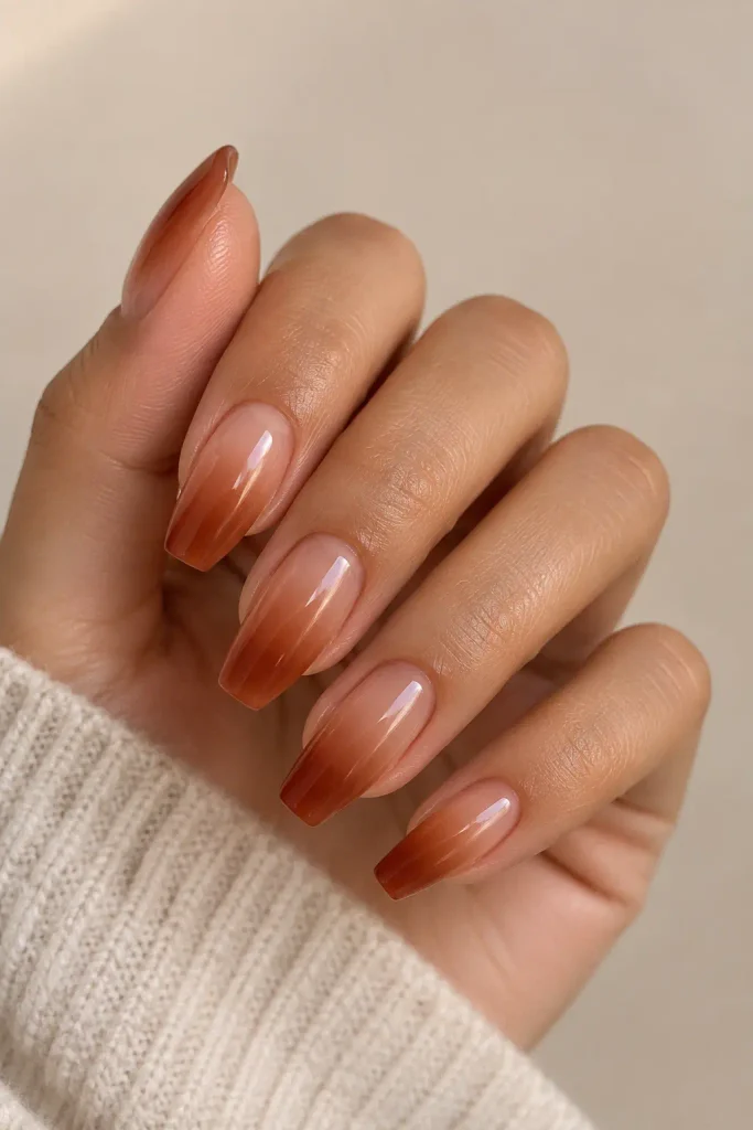 Cinnamon ombré coffin nails fading from sheer to rust