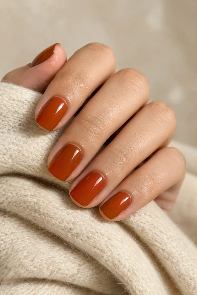 Glossy burnt orange nails on short squoval shaped fingertips
