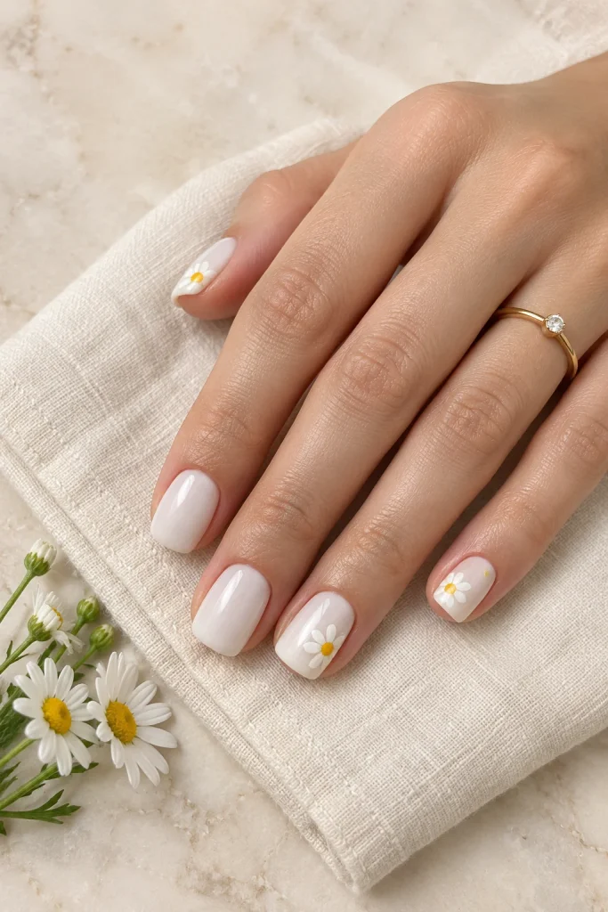 Classic yellow daisy nails on a milky white base