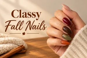 Classy fall nails featuring burgundy brown olive and gold accents