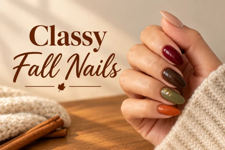 Classy fall nails featuring burgundy brown olive and gold accents