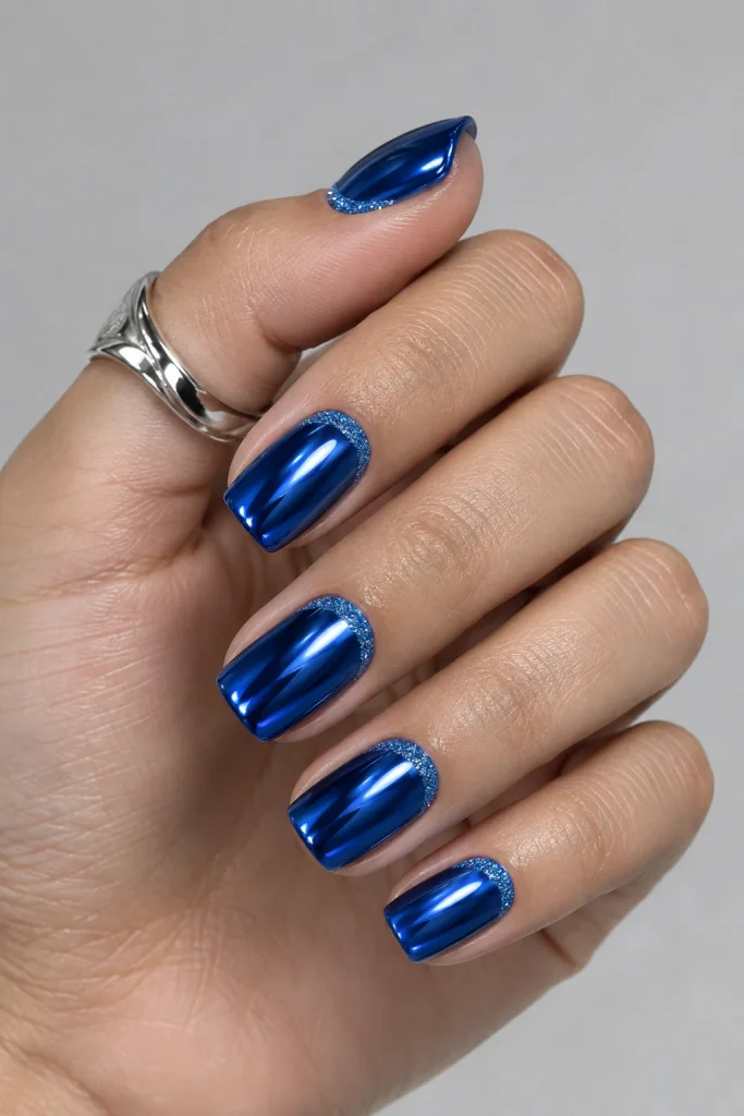 Cobalt chrome nails with blue glitter cuticle line
