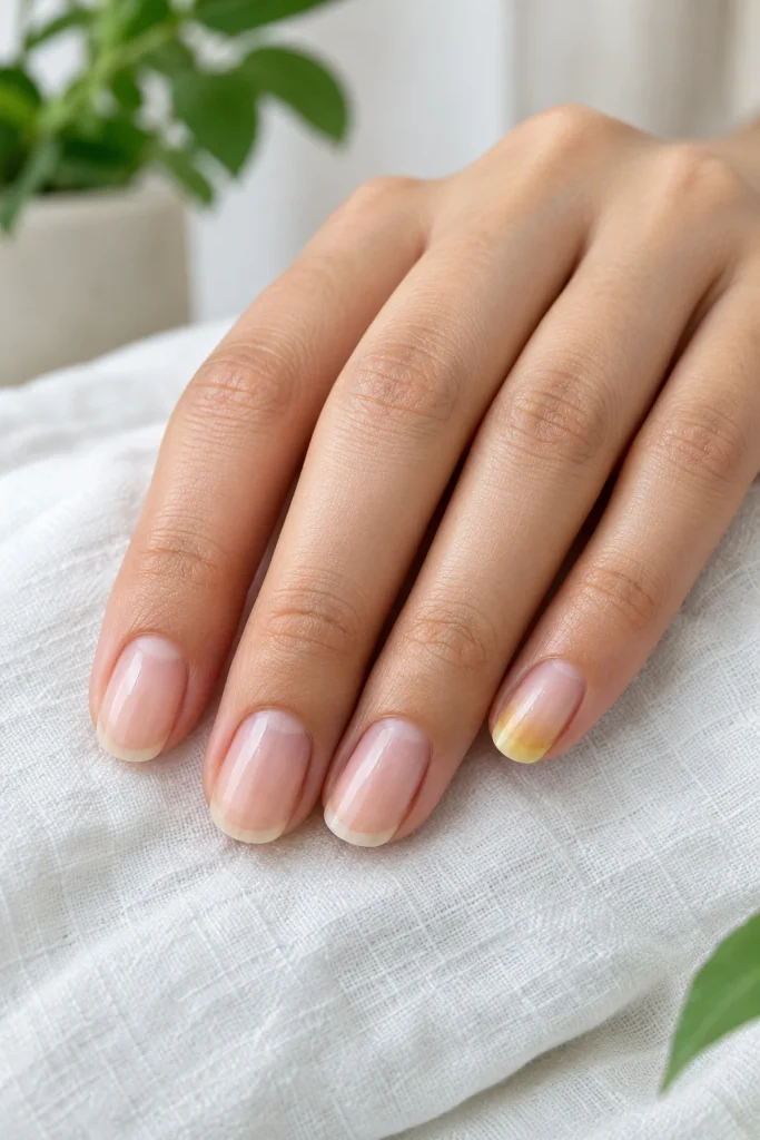 Fingernail showing mild yellow discoloration from possible nail fungus