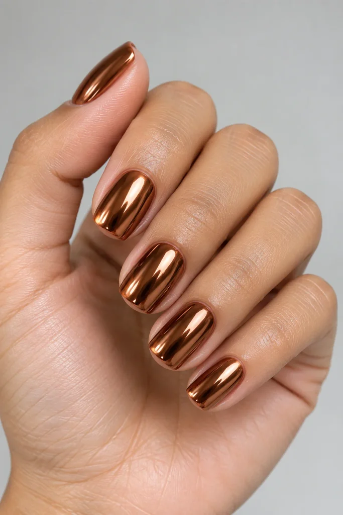 Copper brown chrome nails with a reflective mirror finish